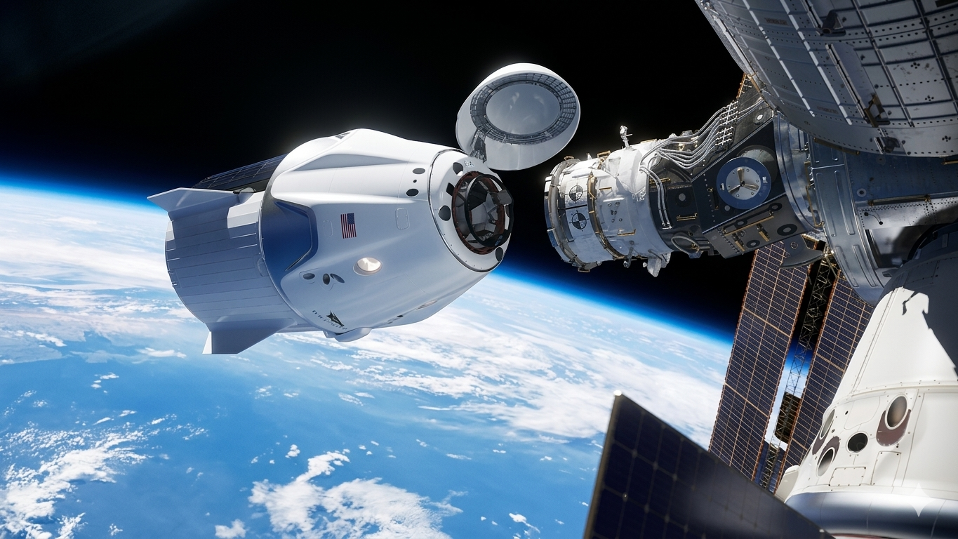 SpaceX Crew Dragon approaching the International Space Station — silicone seals protect the docking interface